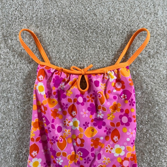 Speedo Girls Swimsuit Size 10 Pink Orange Floral One Piece Criss Cross Back - Picture 2 of 6